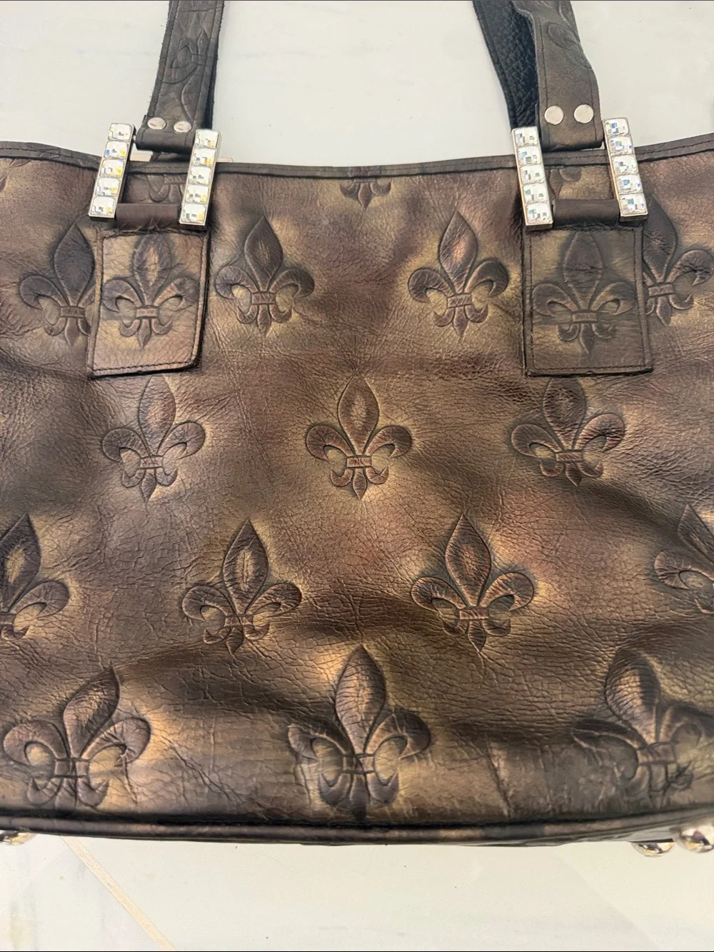 Raviani Black Embossed Satchel with Fleur-de-Lis Detail
